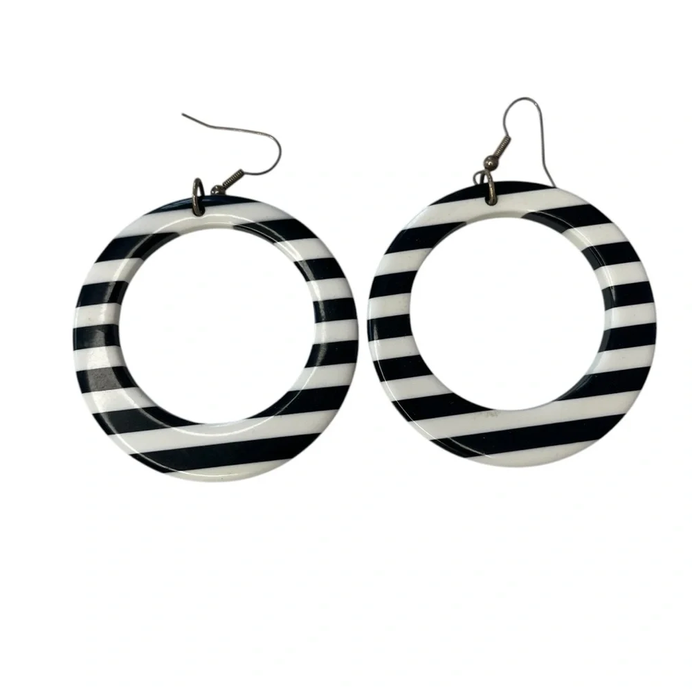 Vintage art deco hollow circle dangle earrings black and white striped 3" drop - Picture 3 of 4